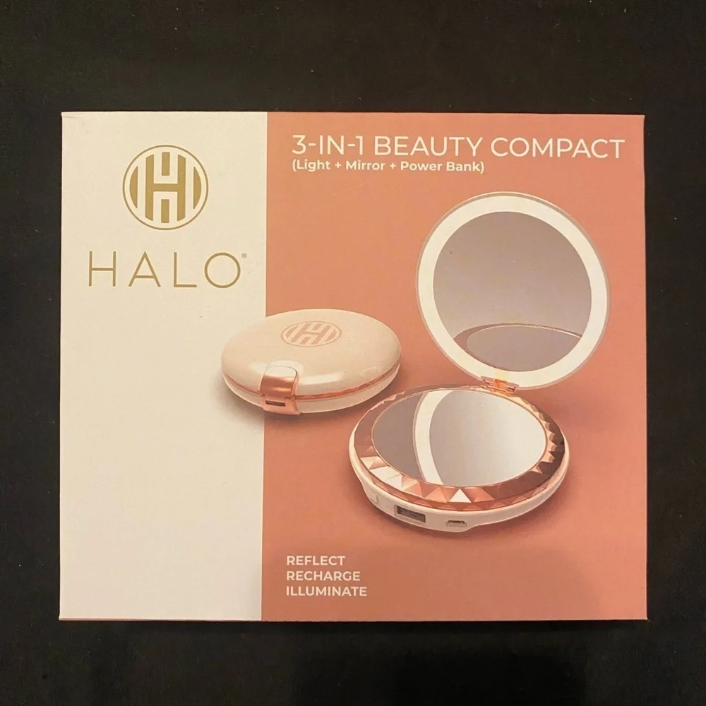 NEW - HALO 3-in-1 Compact Mirror w/ Light and 5,000mAh Power Bank. Color: Peach